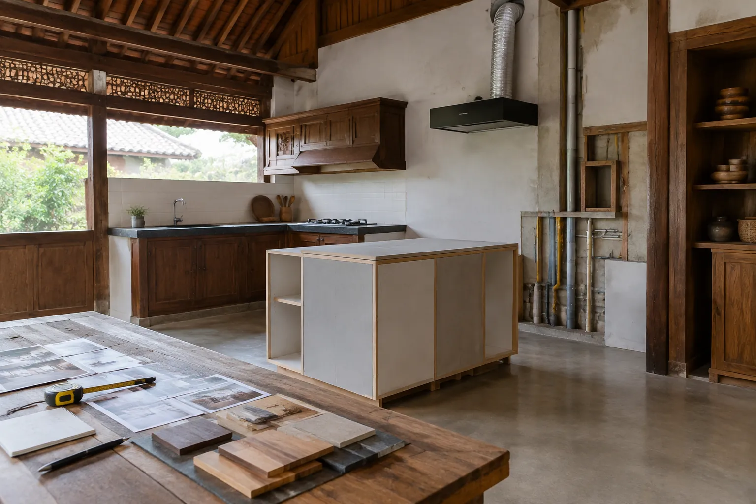Dapur rumah tradisional dalam tahap renovasi dengan contoh material di meja