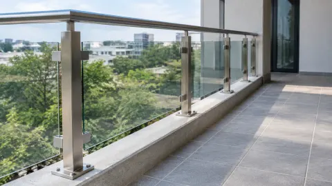 Railing kaca dan tiang logam pada tepi balkon tinggi