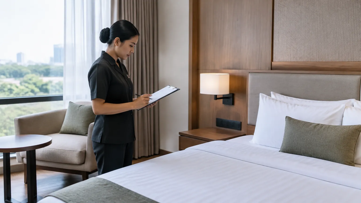 Petugas memeriksa kamar hotel di dekat tempat tidur
