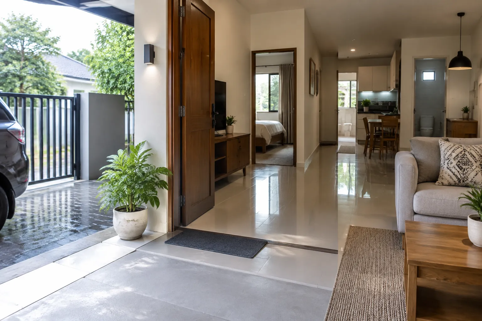Jalur masuk rumah menghubungkan pintu depan dengan ruang keluarga