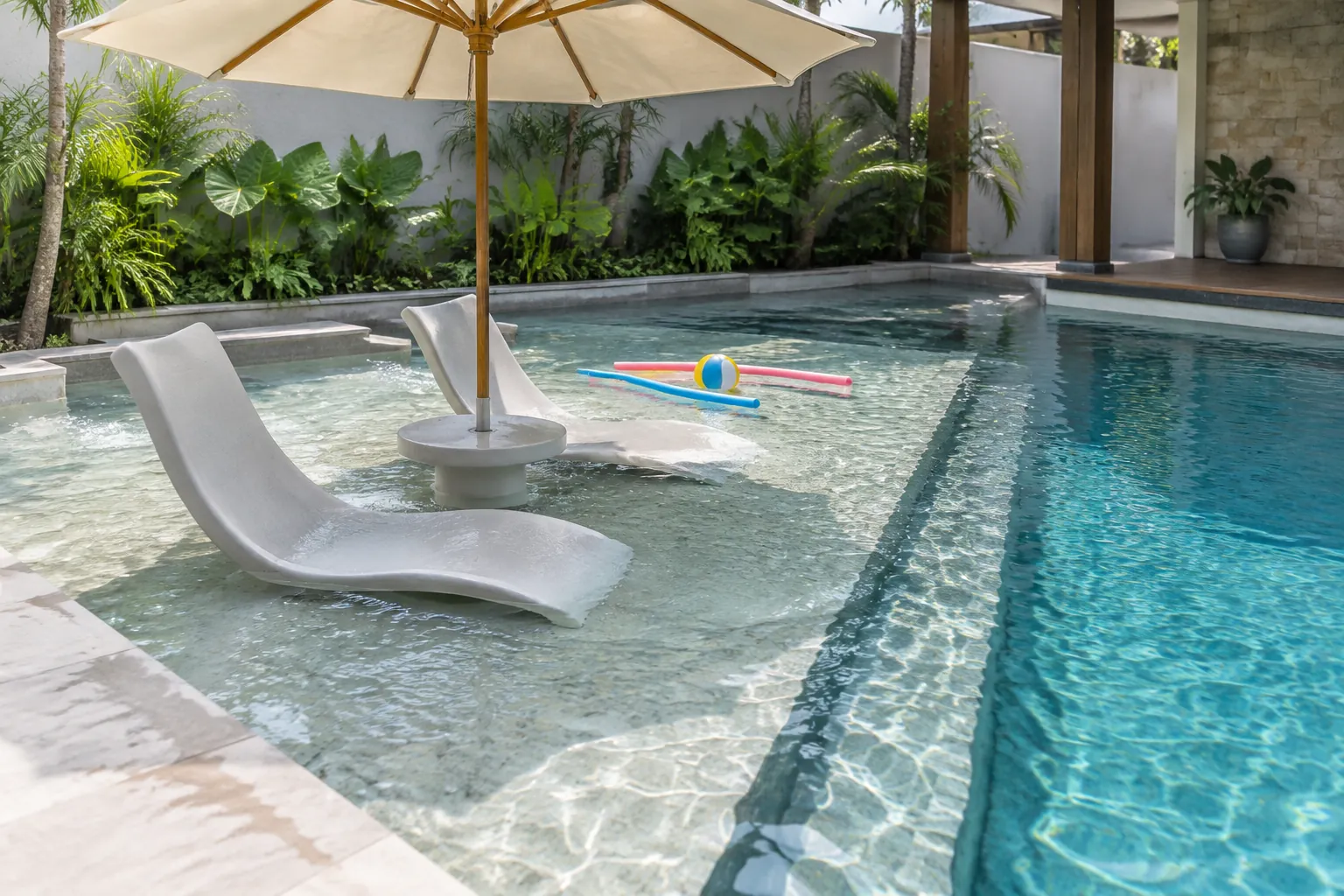 Area dangkal kolam dengan kursi dan payung