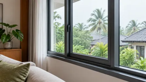 Jendela aluminium besar menghadap pepohonan tropis