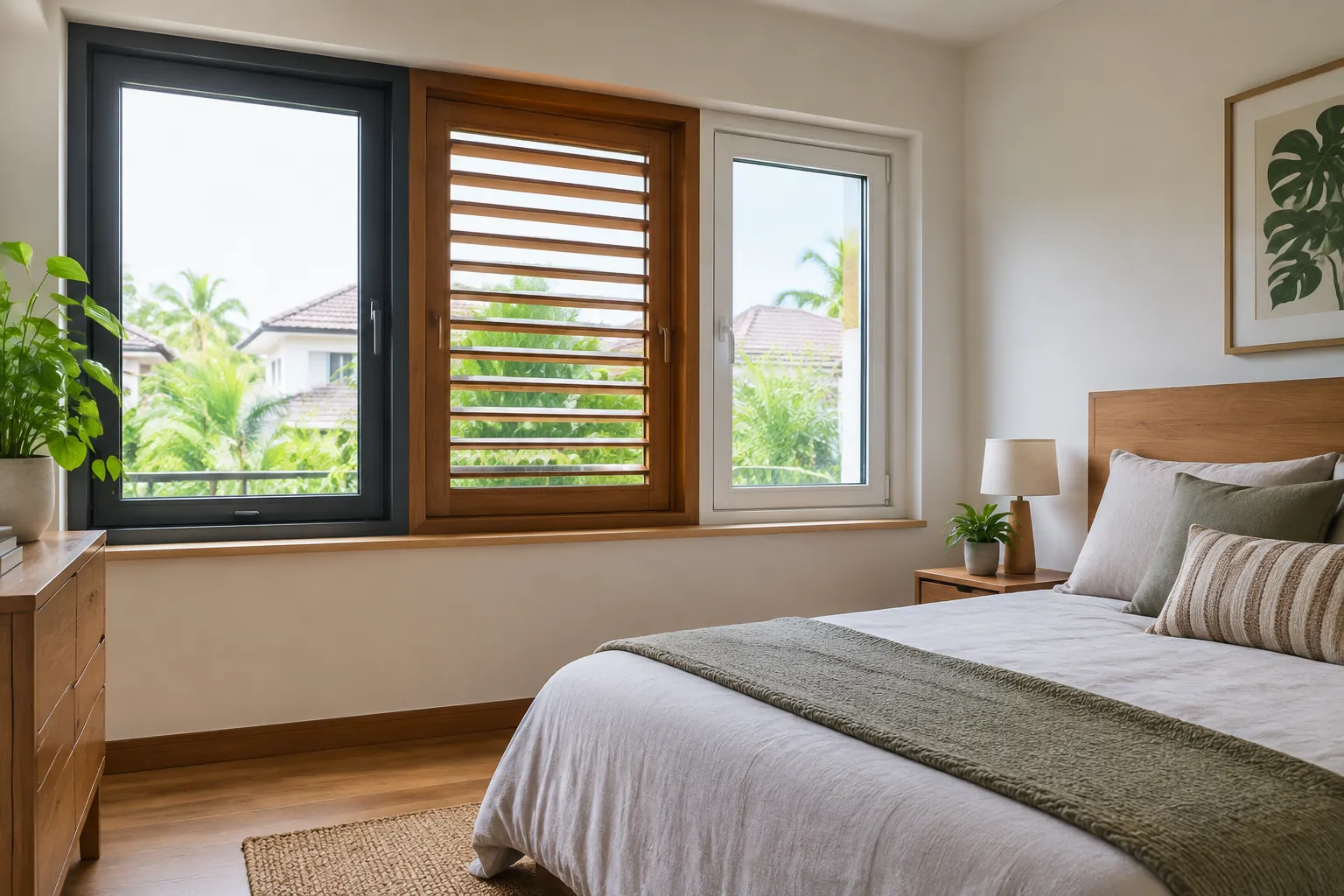 Bukaan kayu berbilah pada kamar tidur tropis
