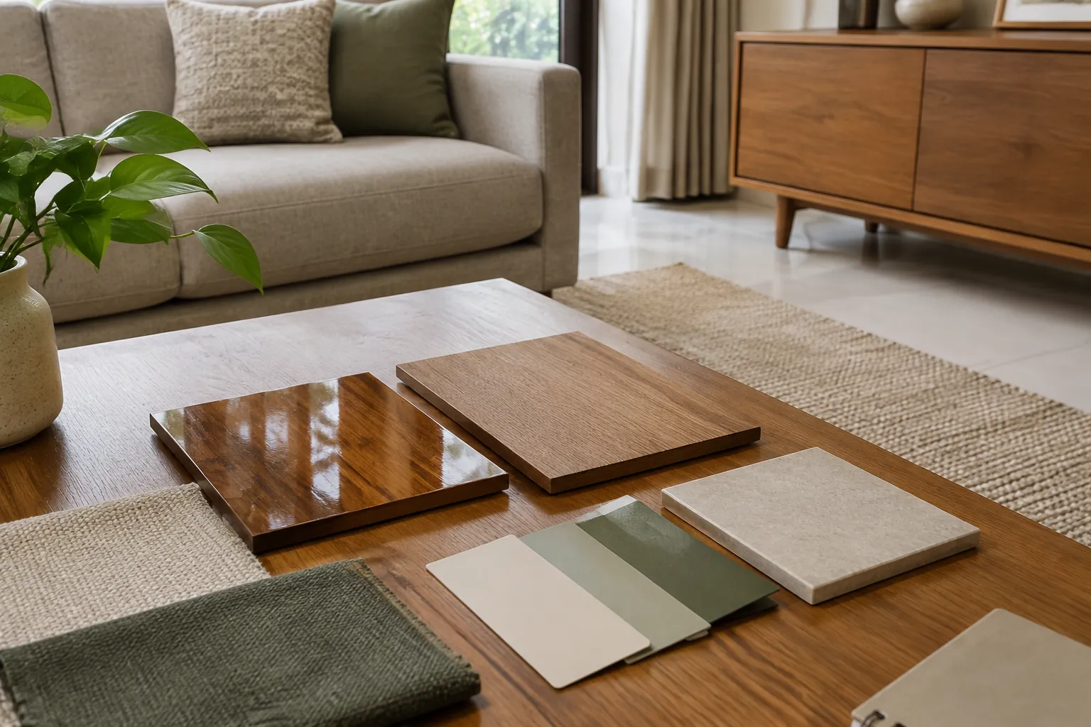 Sampel bahan dan warna di depan sofa ruang keluarga