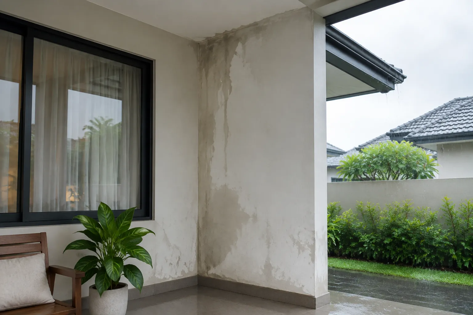 Noda air pada dinding dekat jendela dan tepi atap rumah
