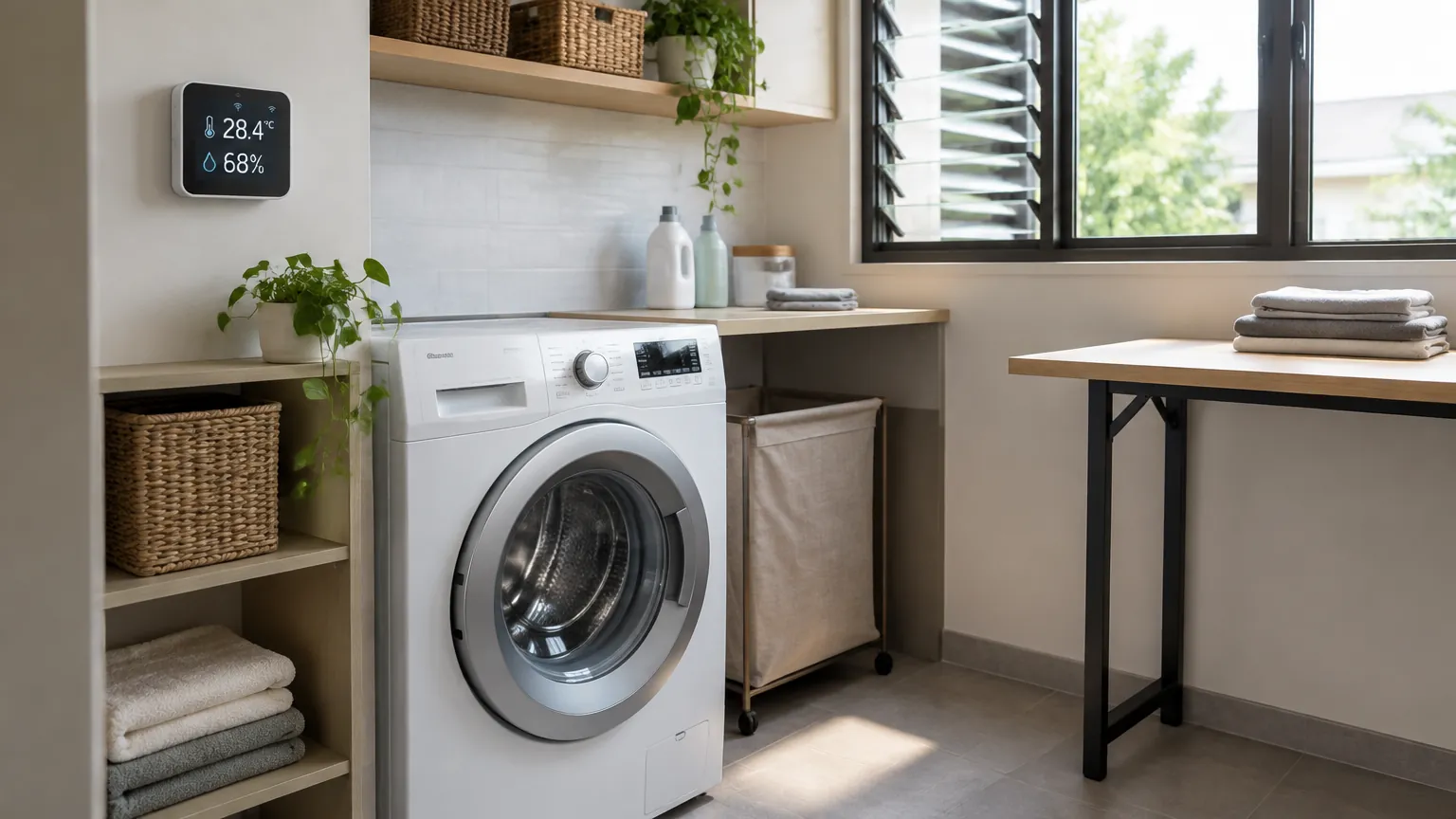 Ruang laundry dengan jendela, mesin cuci, dan meja kerja