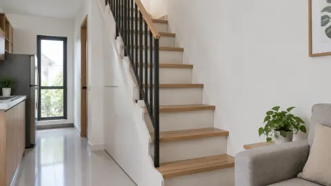 Tangga rumah dengan railing dan ruang kecil di bawahnya