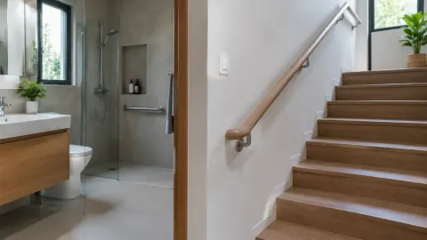Pegangan tangan di samping tangga dan area pancuran kamar mandi