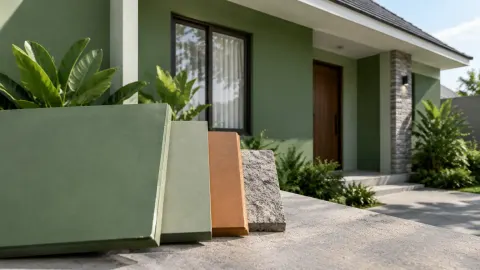 Sampel warna hijau dan warna tanah di depan fasad rumah