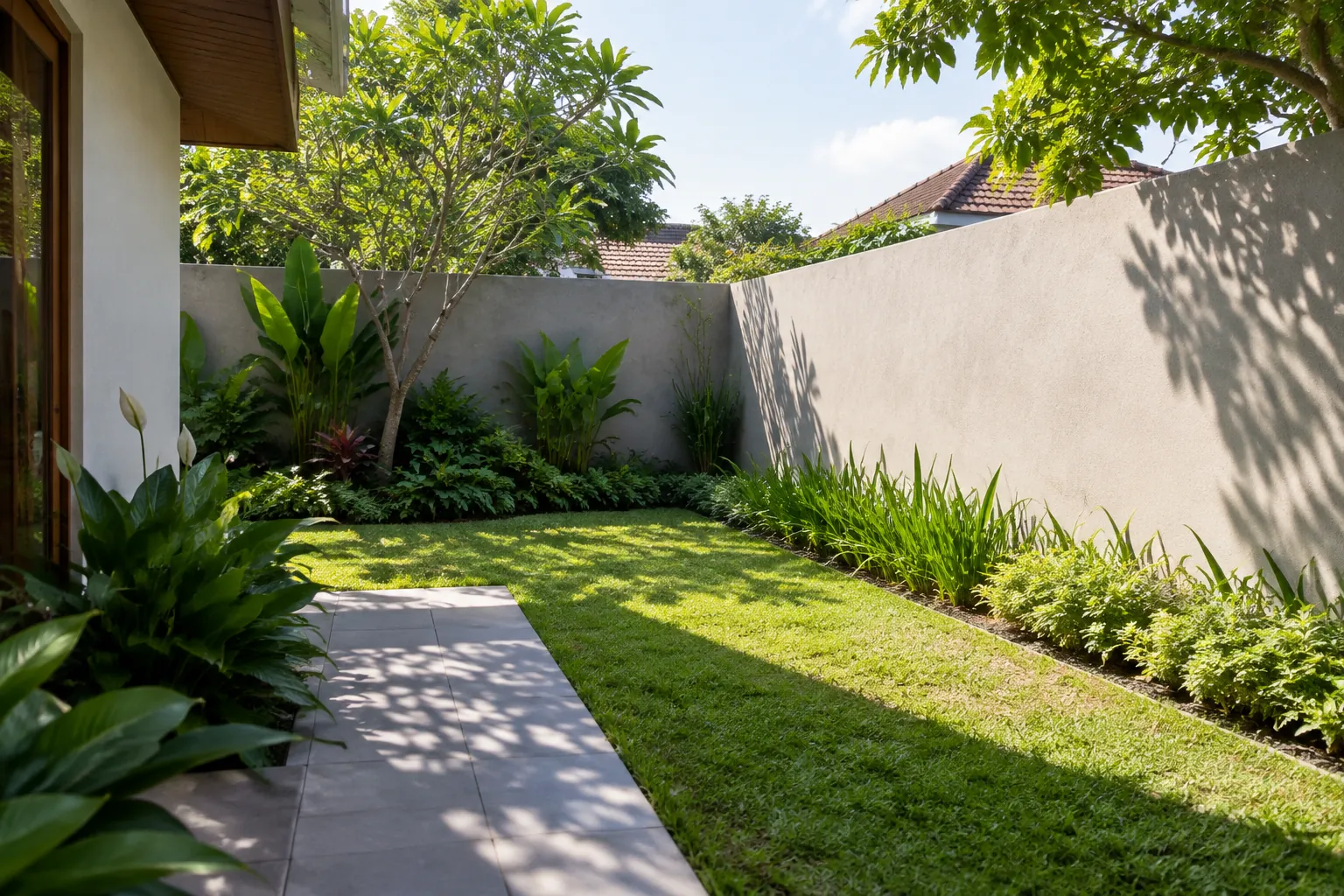 Jalur taman dengan bayangan pohon pada dinding