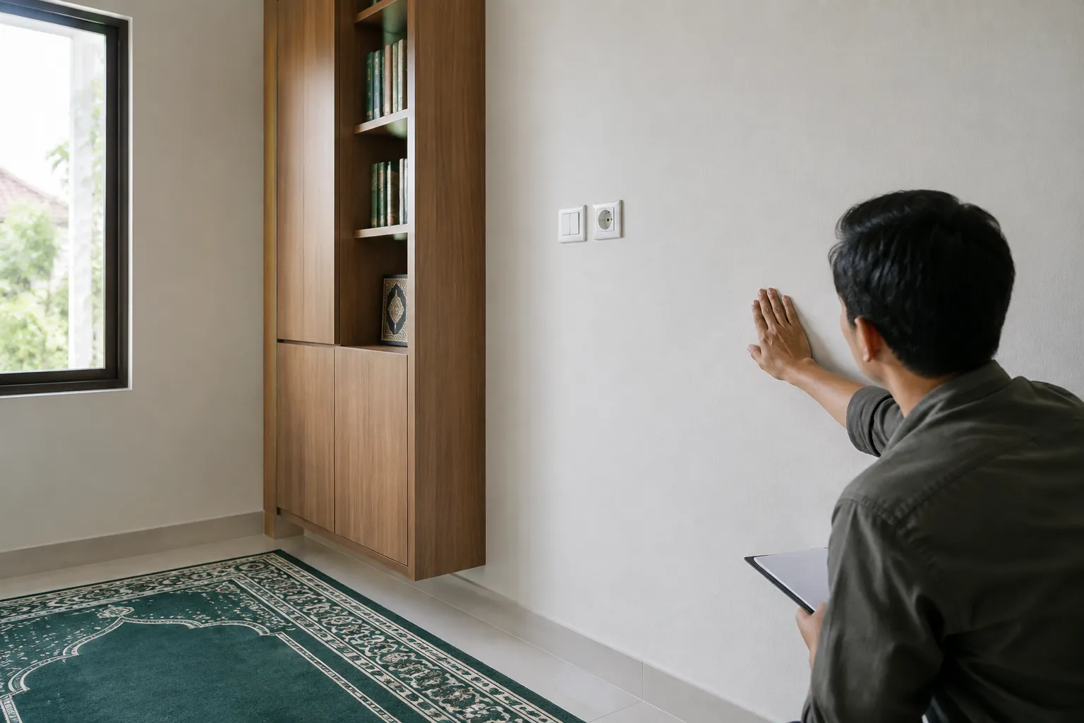 Seseorang memeriksa dinding dekat rak mushola