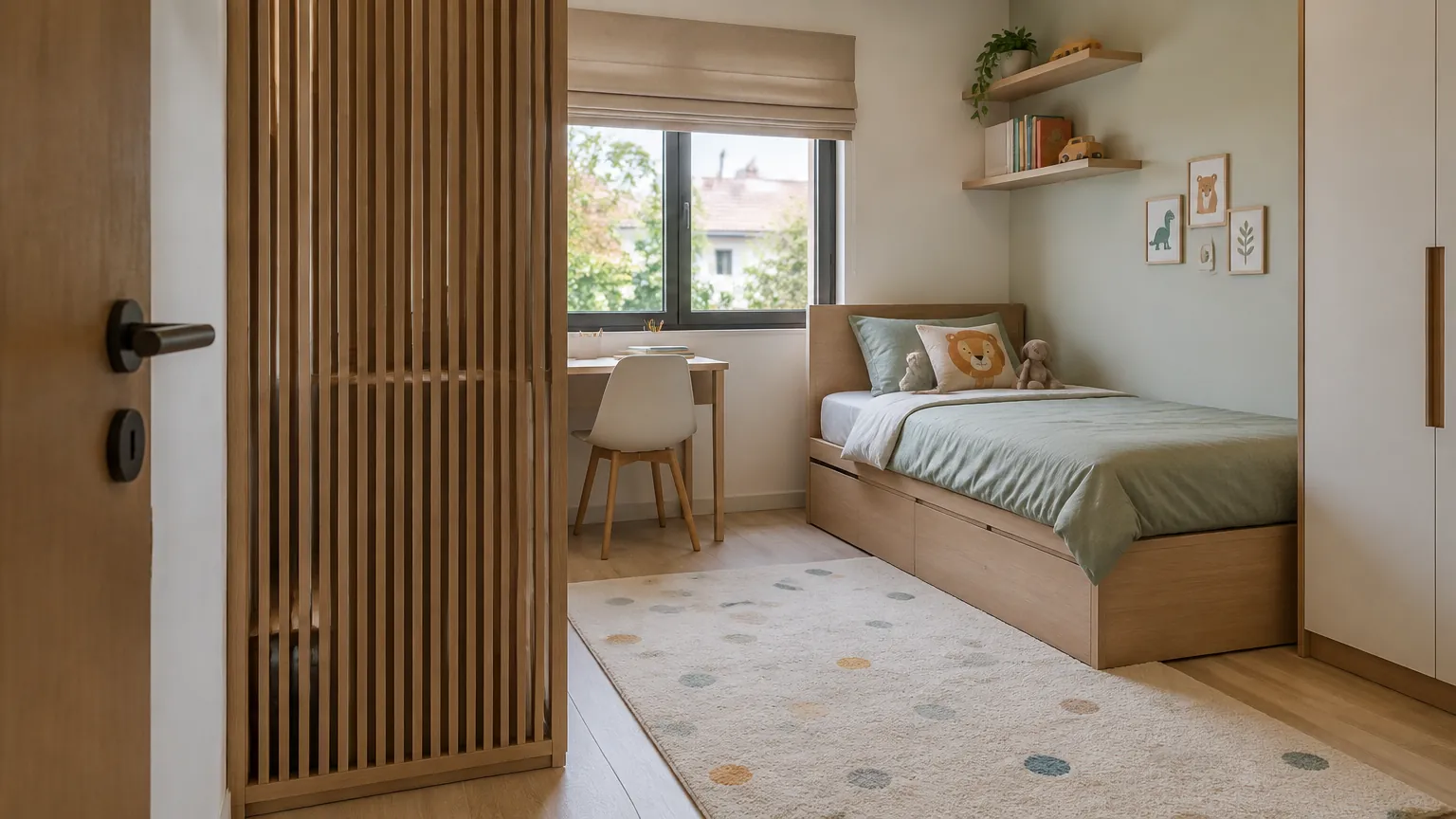 Kamar anak dengan partisi kayu berbilah dekat tempat tidur