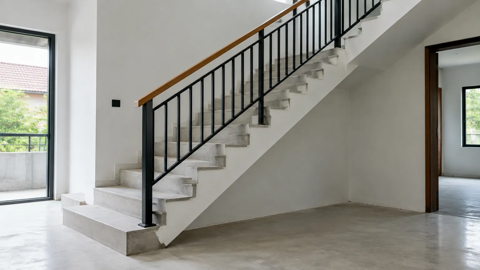 Tangga rumah dengan railing hitam dan pegangan kayu