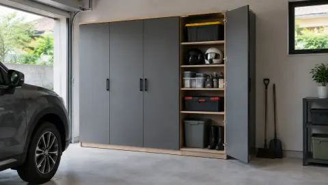Kabinet penyimpanan abu-abu di dalam garasi rumah