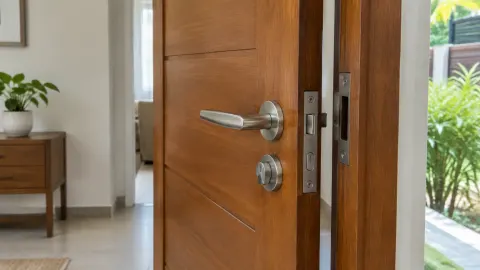 Pintu kayu terbuka dengan sisi kunci dan kusen terlihat