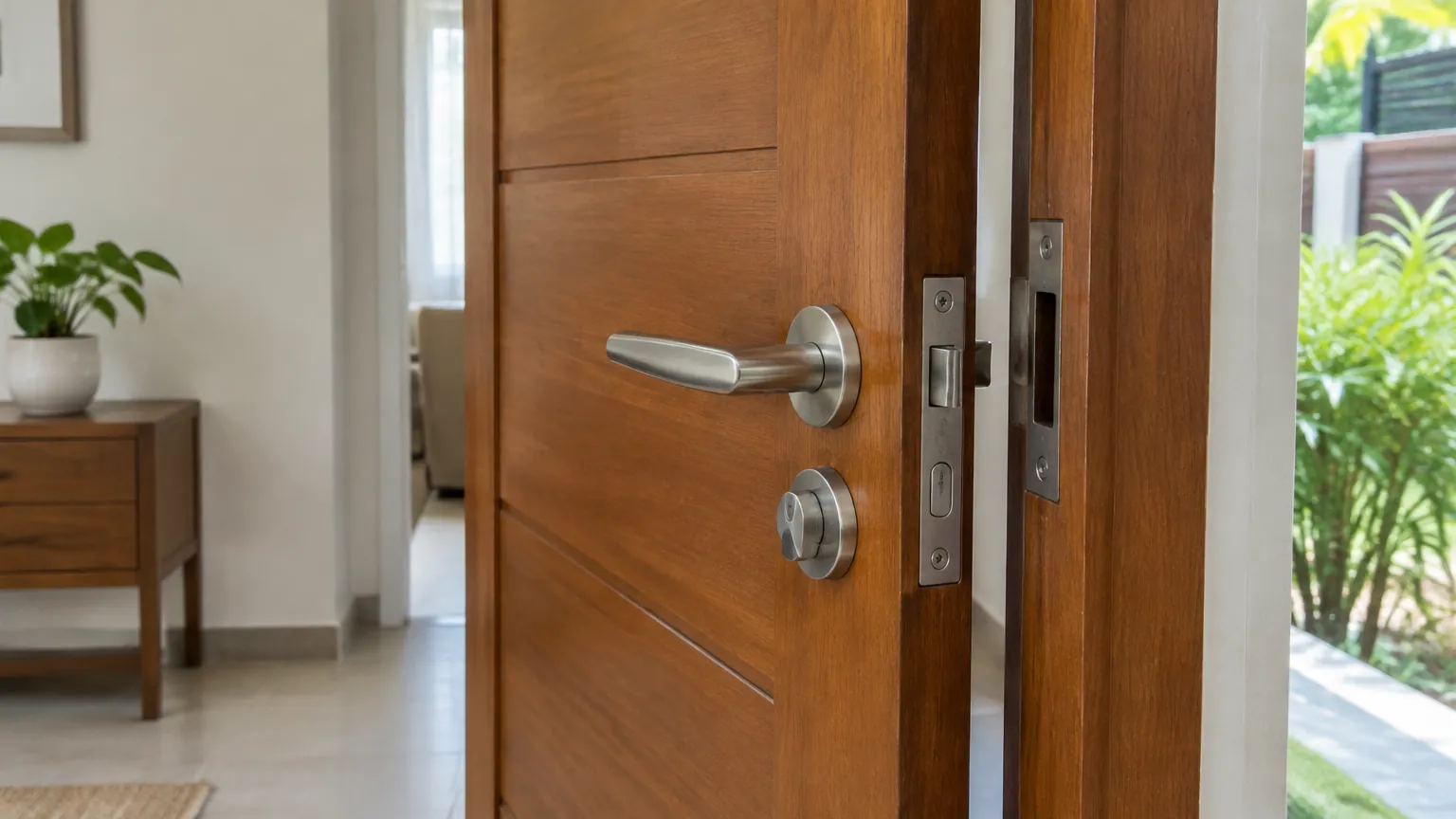Pintu kayu terbuka dengan sisi kunci dan kusen terlihat