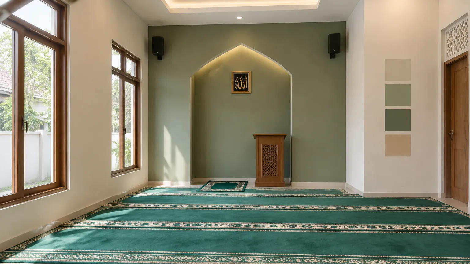 Musala berkarpet hijau dengan beberapa sampel warna dinding