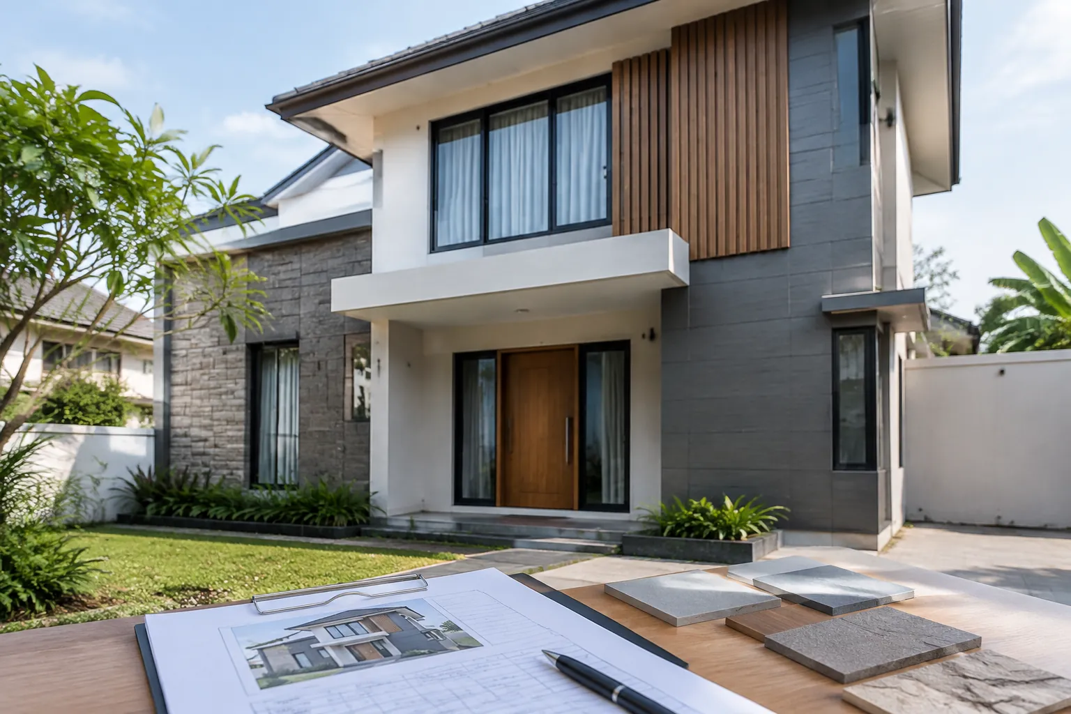 Sampel fasad di depan rumah dan gambar kerja di meja