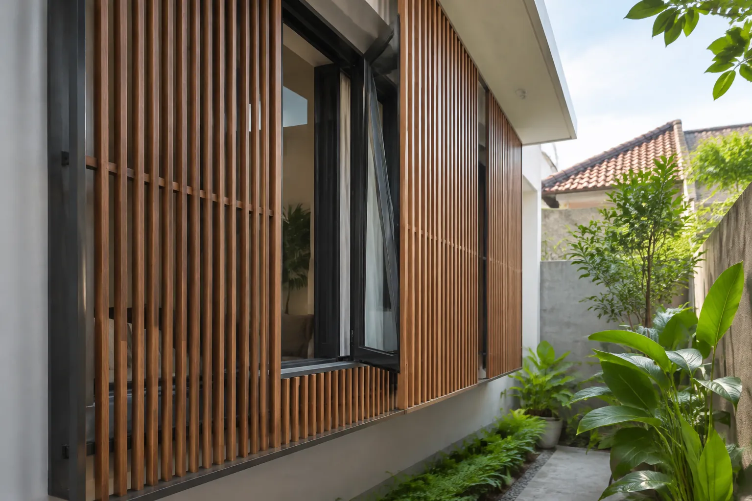Aksen kisi vertikal pada fasad rumah sempit