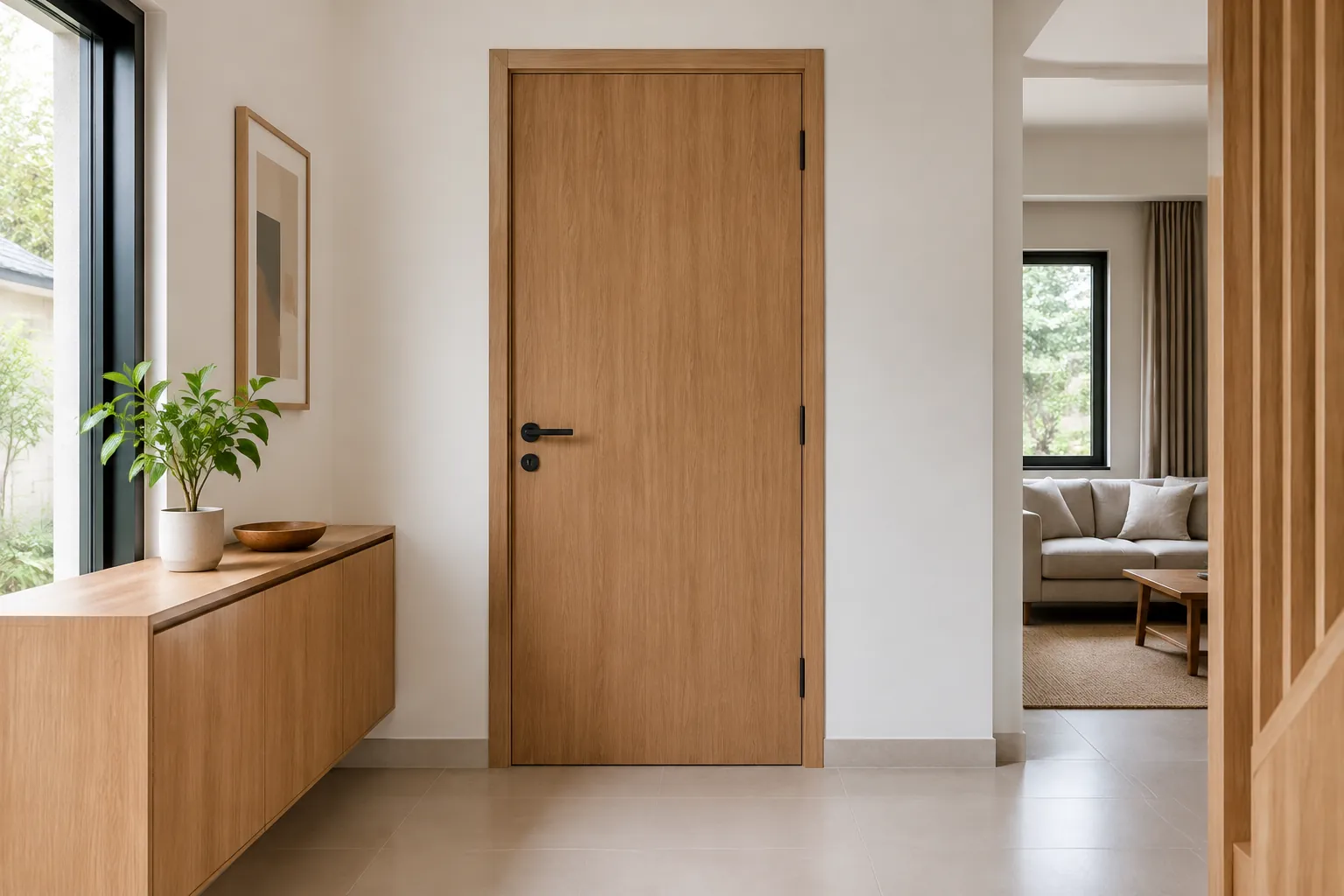 Pintu kayu dengan detail sederhana di antara dua ruang