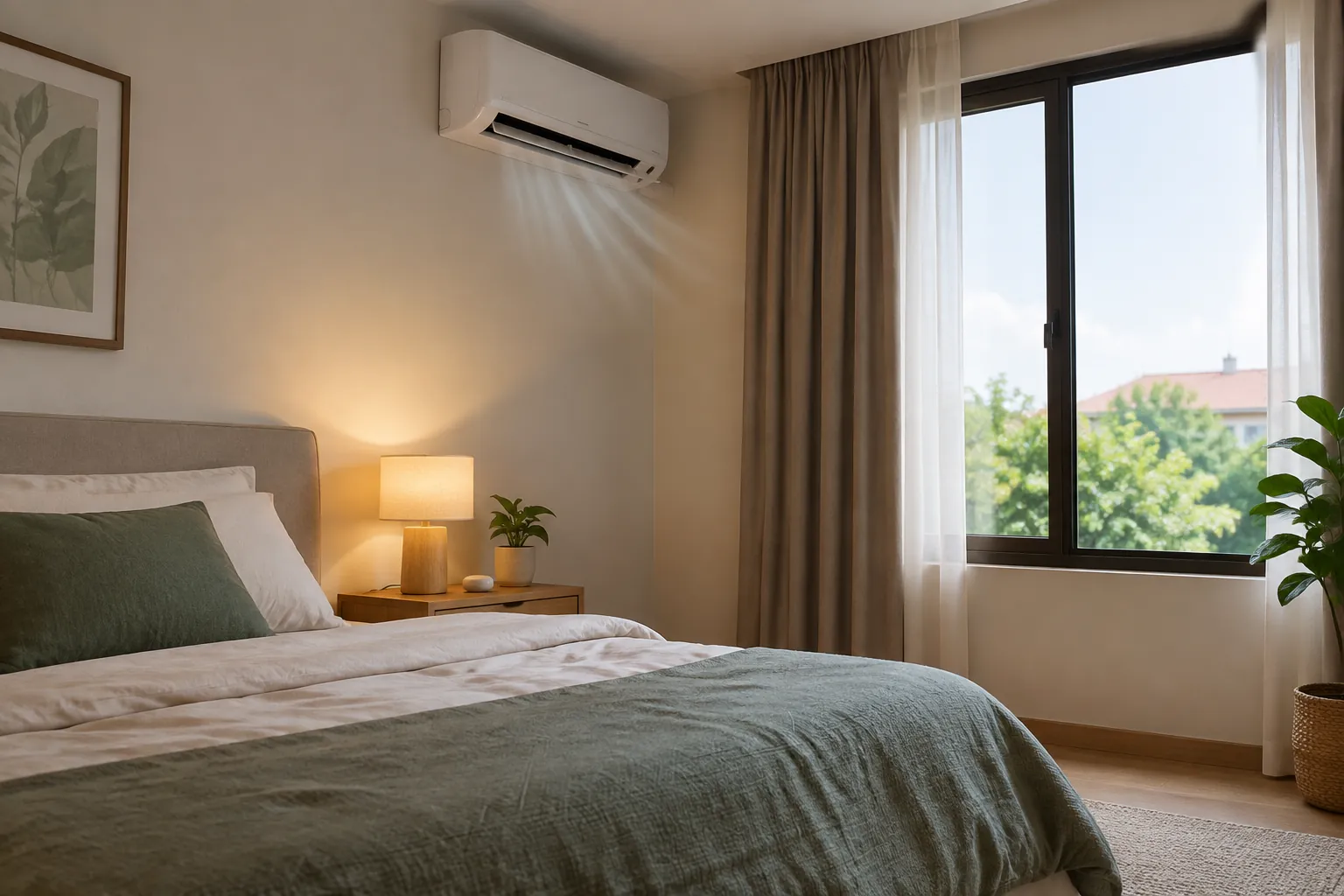 Pendingin udara dan lampu berada dalam satu kamar tidur