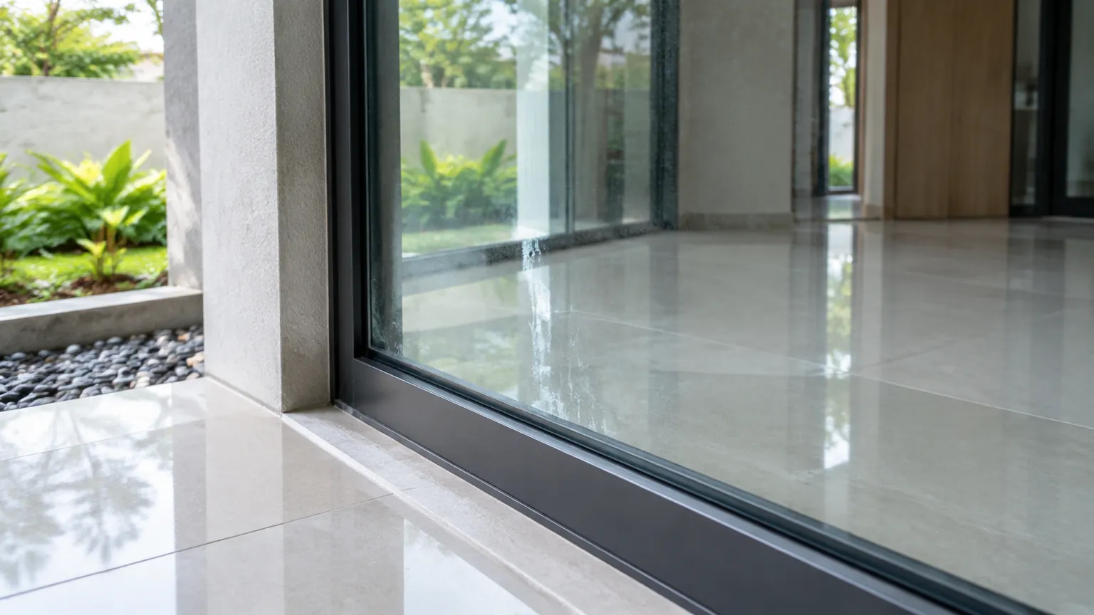 Pintu kaca besar dengan sambungan ke lantai rumah