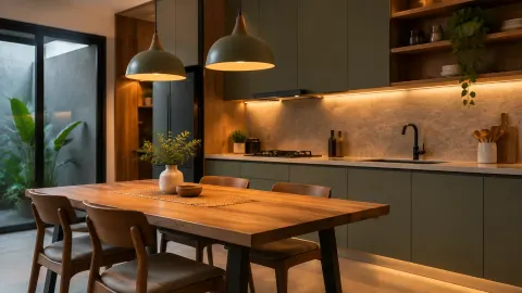 Lampu gantung dan lampu bawah kabinet pada dapur terbuka