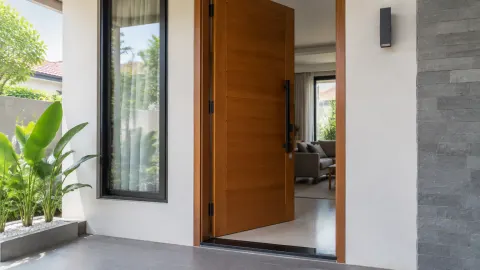 Pintu kayu besar terbuka pada pintu masuk rumah