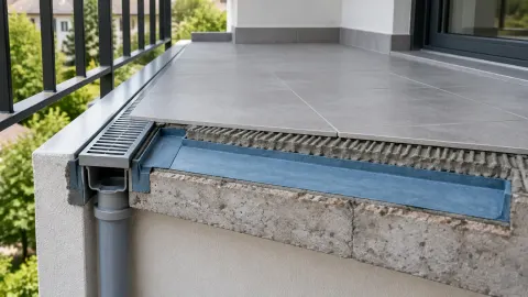 Tepi lantai balkon dengan saluran air dan lapisan permukaan