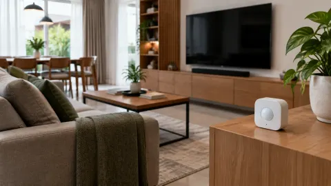 Perangkat kecil di meja ruang keluarga dekat sofa