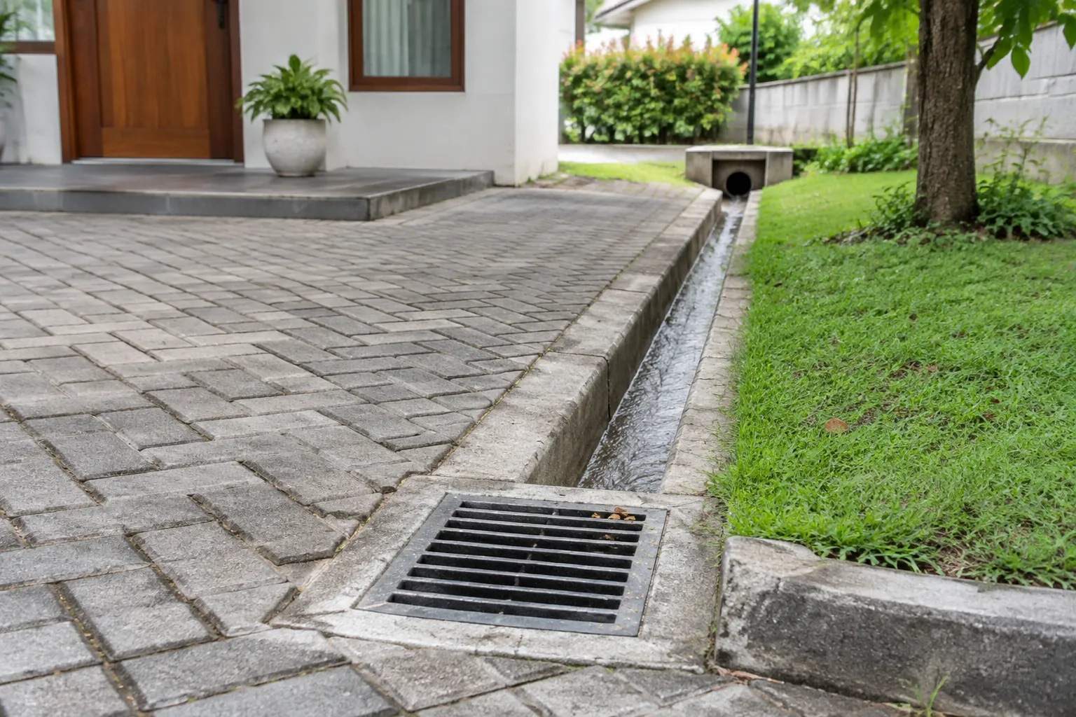 Kisi drainase di depan rumah dengan jalur menuju saluran