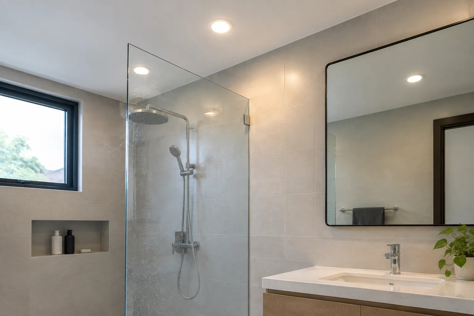 Kamar mandi dengan lampu plafon dan wastafel