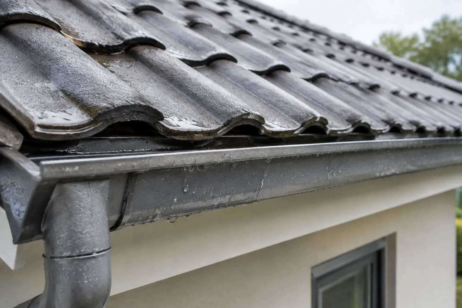 Detail genteng dan talang pada tepi atap rumah