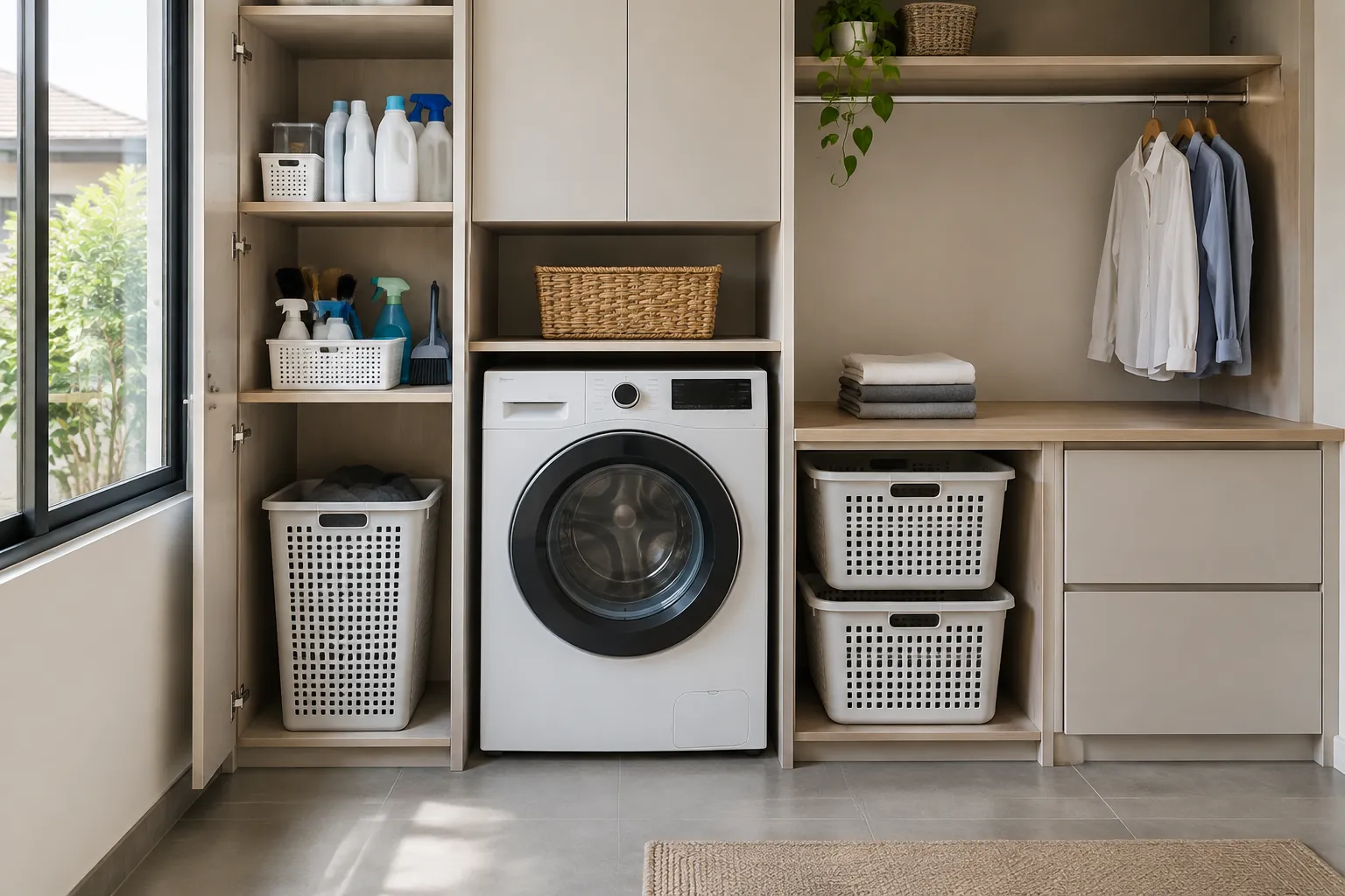 Mesin cuci diapit kabinet dan rak penyimpanan laundry