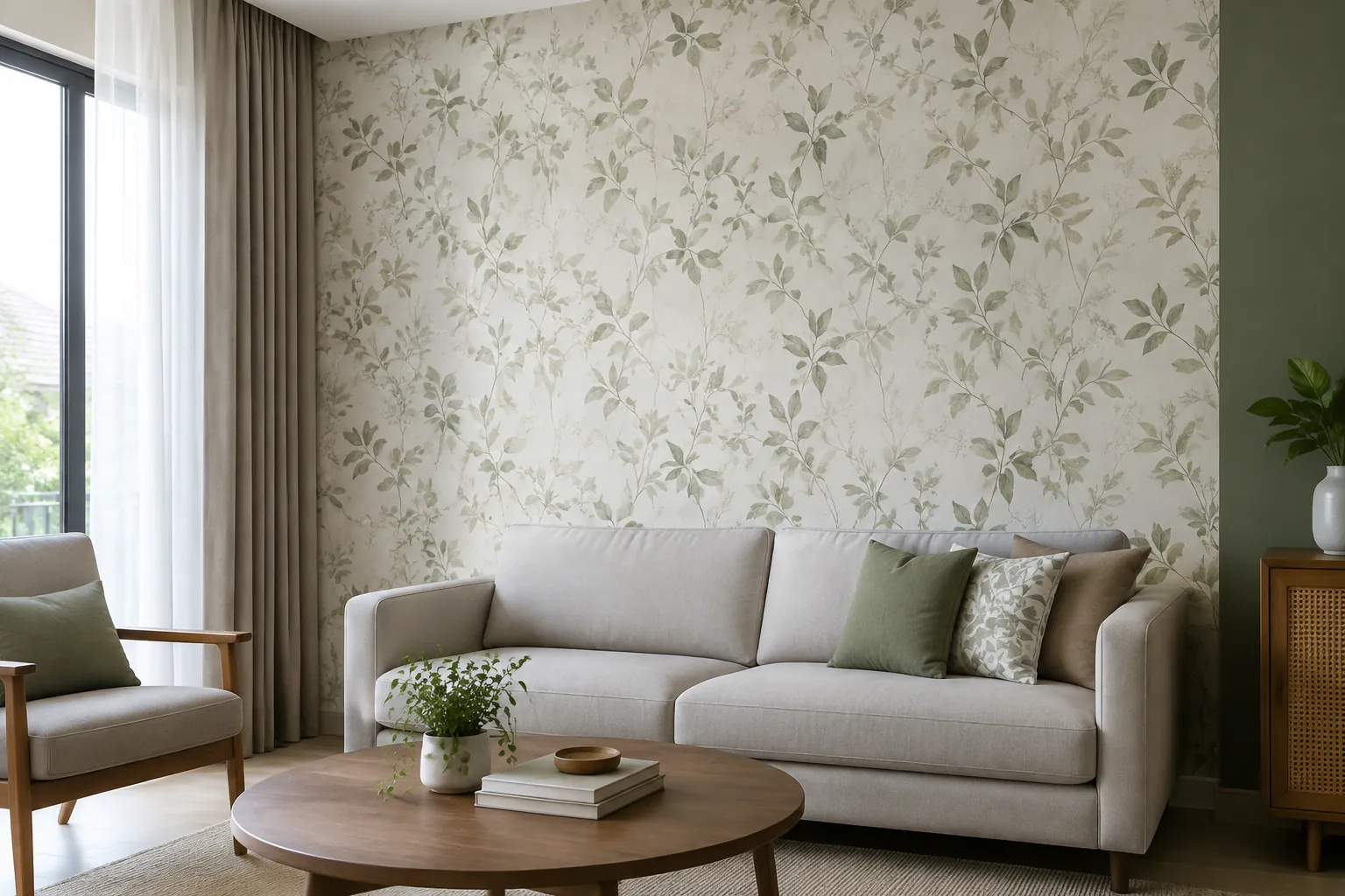 Wallpaper bermotif daun pada dinding ruang keluarga