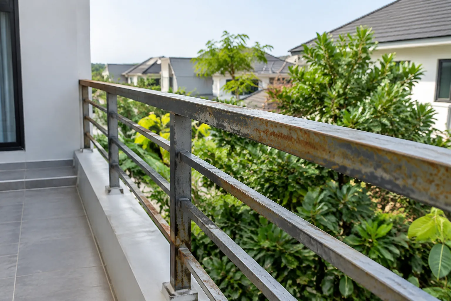Korosi tampak pada bagian pagar logam balkon