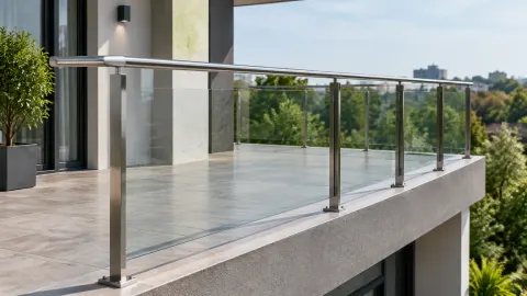 Railing kaca pada teras tinggi dengan tiang logam