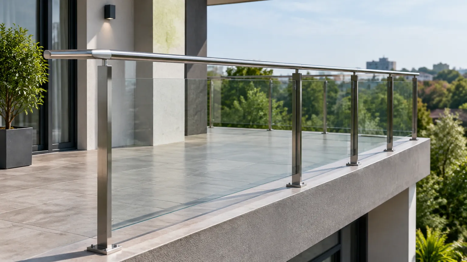 Railing kaca pada teras tinggi dengan tiang logam