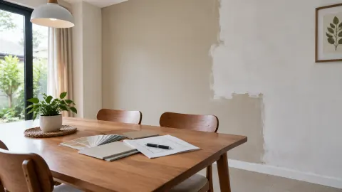 Ruang makan dengan meja kayu dan dinding yang sedang diperbaiki