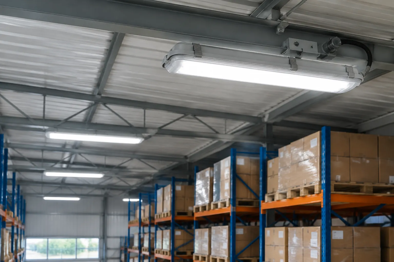 Lampu linear di atas rak penyimpanan dalam gudang