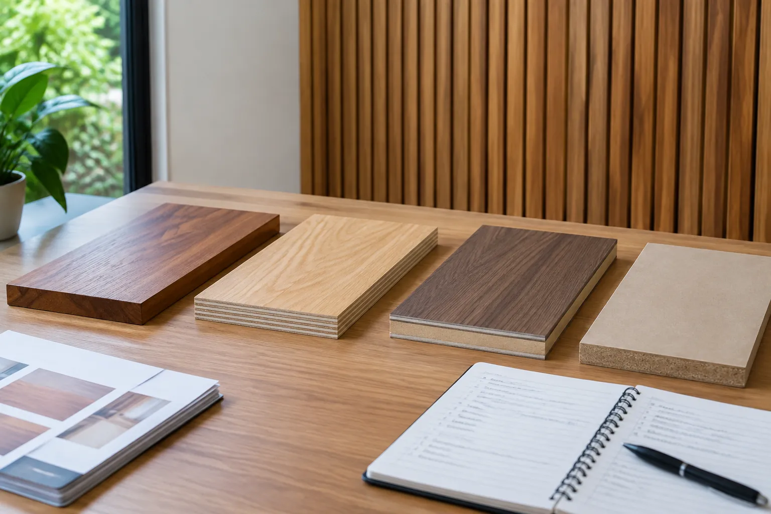 Contoh beberapa jenis bahan panel kayu di atas meja