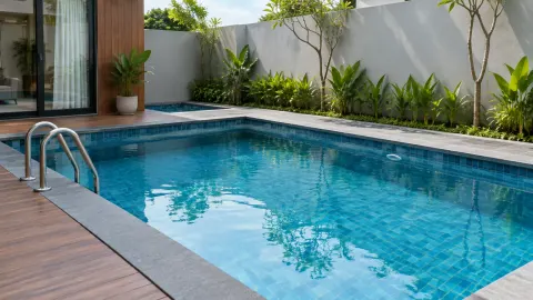 Kolam renang di samping teras dan taman rumah