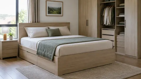 Kamar tidur dengan tempat tidur kayu dan lemari terbuka