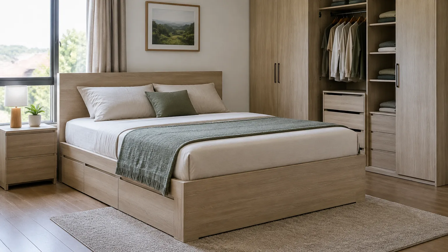 Kamar tidur dengan tempat tidur kayu dan lemari terbuka