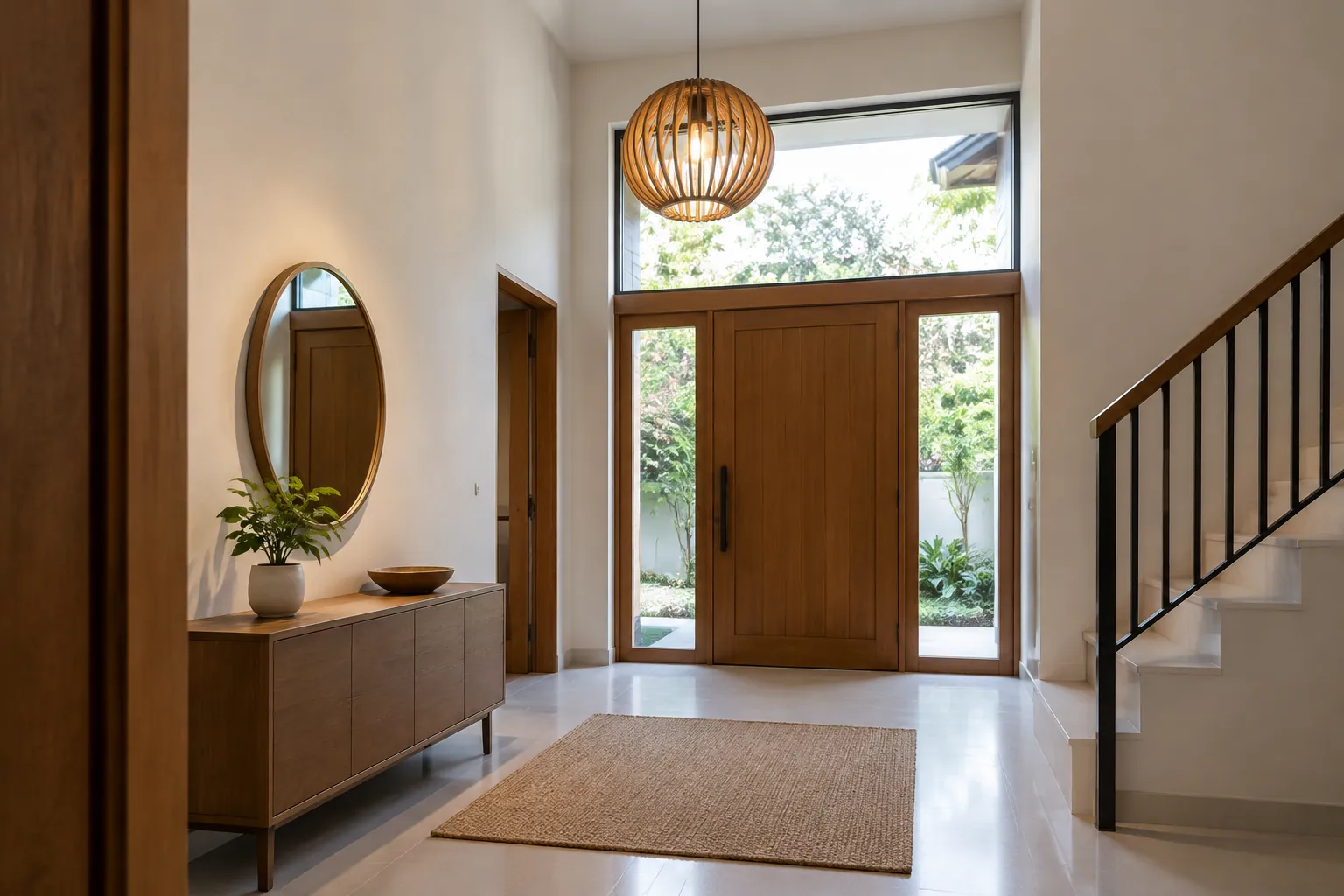 Foyer dengan lampu gantung, pintu kayu, dan cahaya siang