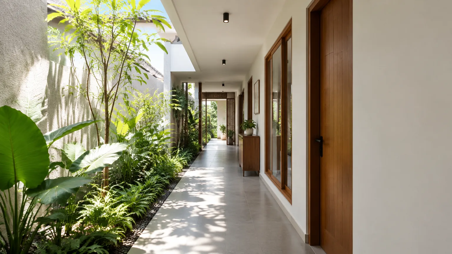 Lorong terbuka dengan tanaman dan cahaya matahari