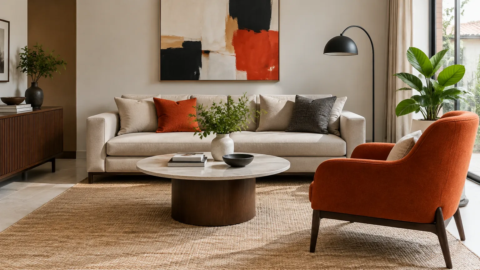 Ruang keluarga dengan sofa terang dan satu kursi aksen oranye