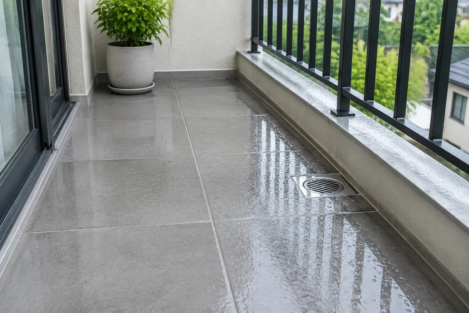 Air menggenang di atas keramik balkon dekat railing