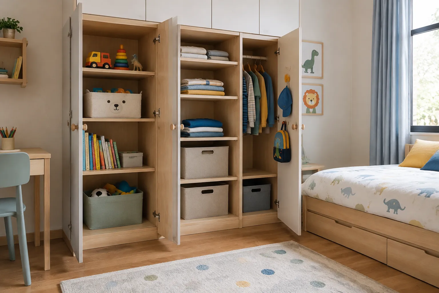 Lemari dengan laci dan kabinet tertutup menyimpan barang di kamar anak
