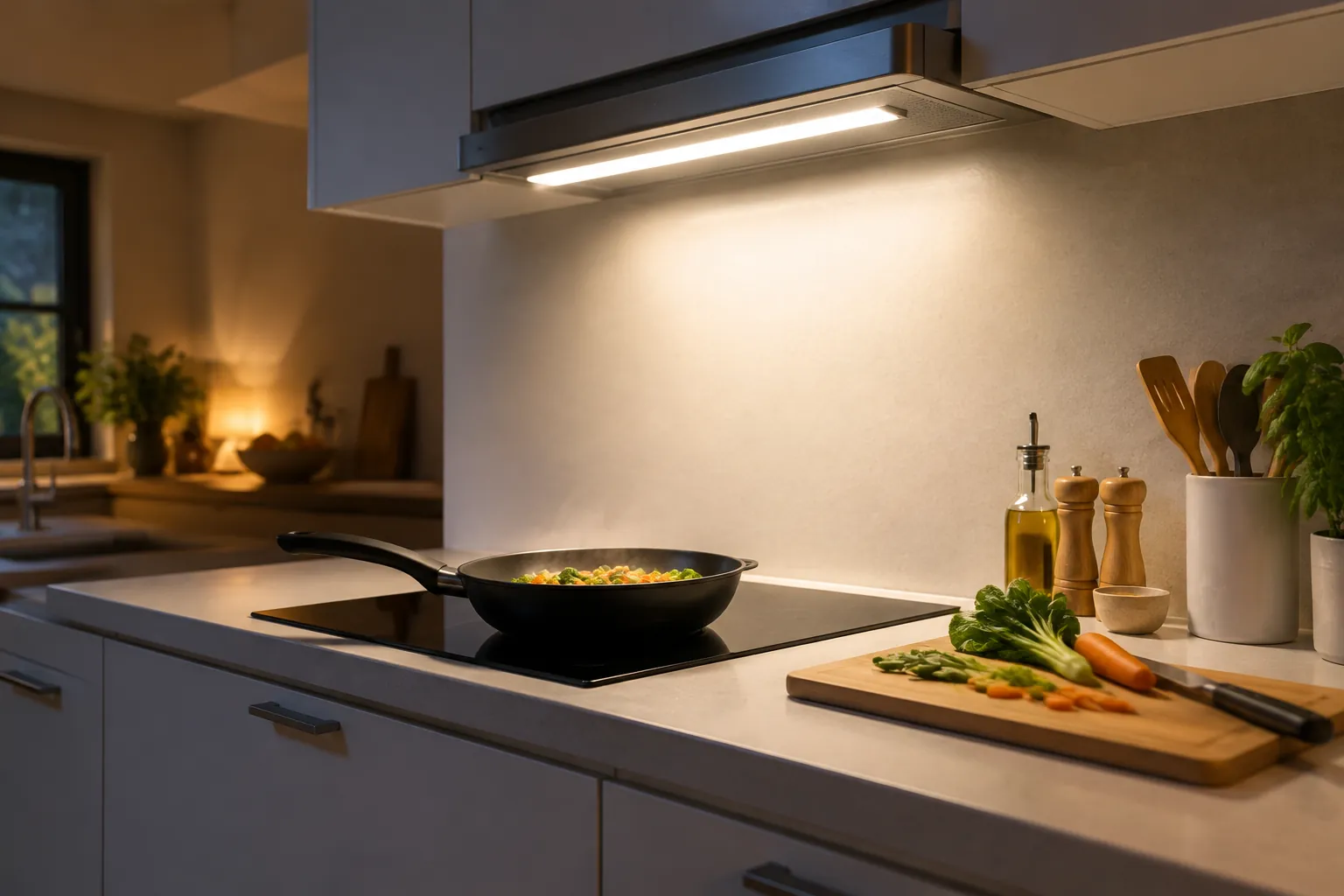 Lampu bawah kabinet menerangi area memasak